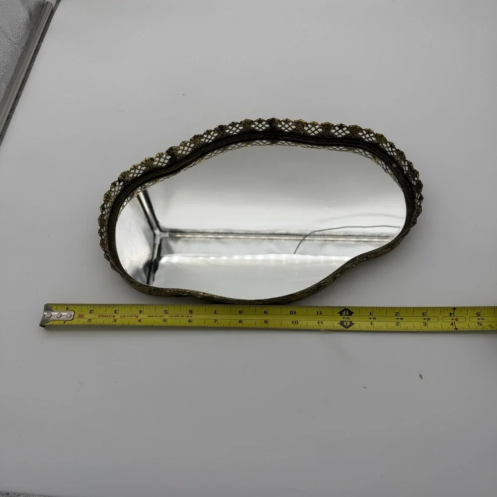 Vintage Ornate Gold Filigree Mirror Vanity Tray Kidney Shaped Hollywood Regency
